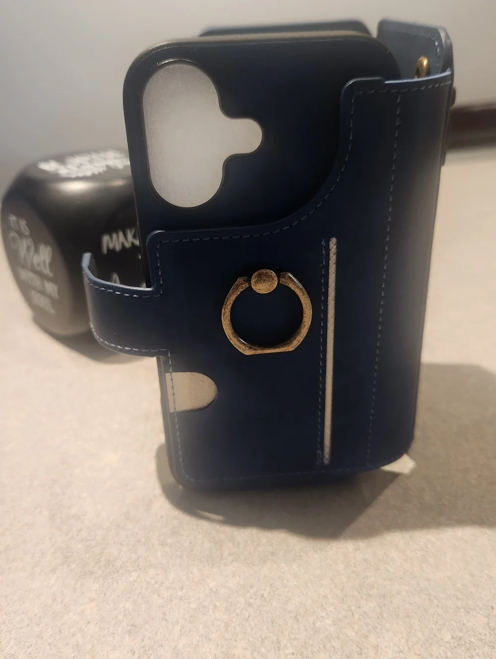 Universal Blue Leather Wallet Phone Case with Gold Ring Holder For IP17